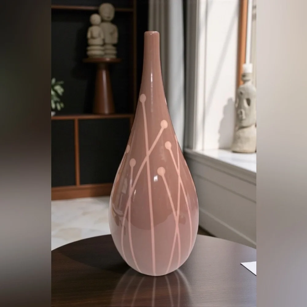 Vintage MCM Mauve Pink Ceramic Teardrop Vase Mod Botanical Design 12